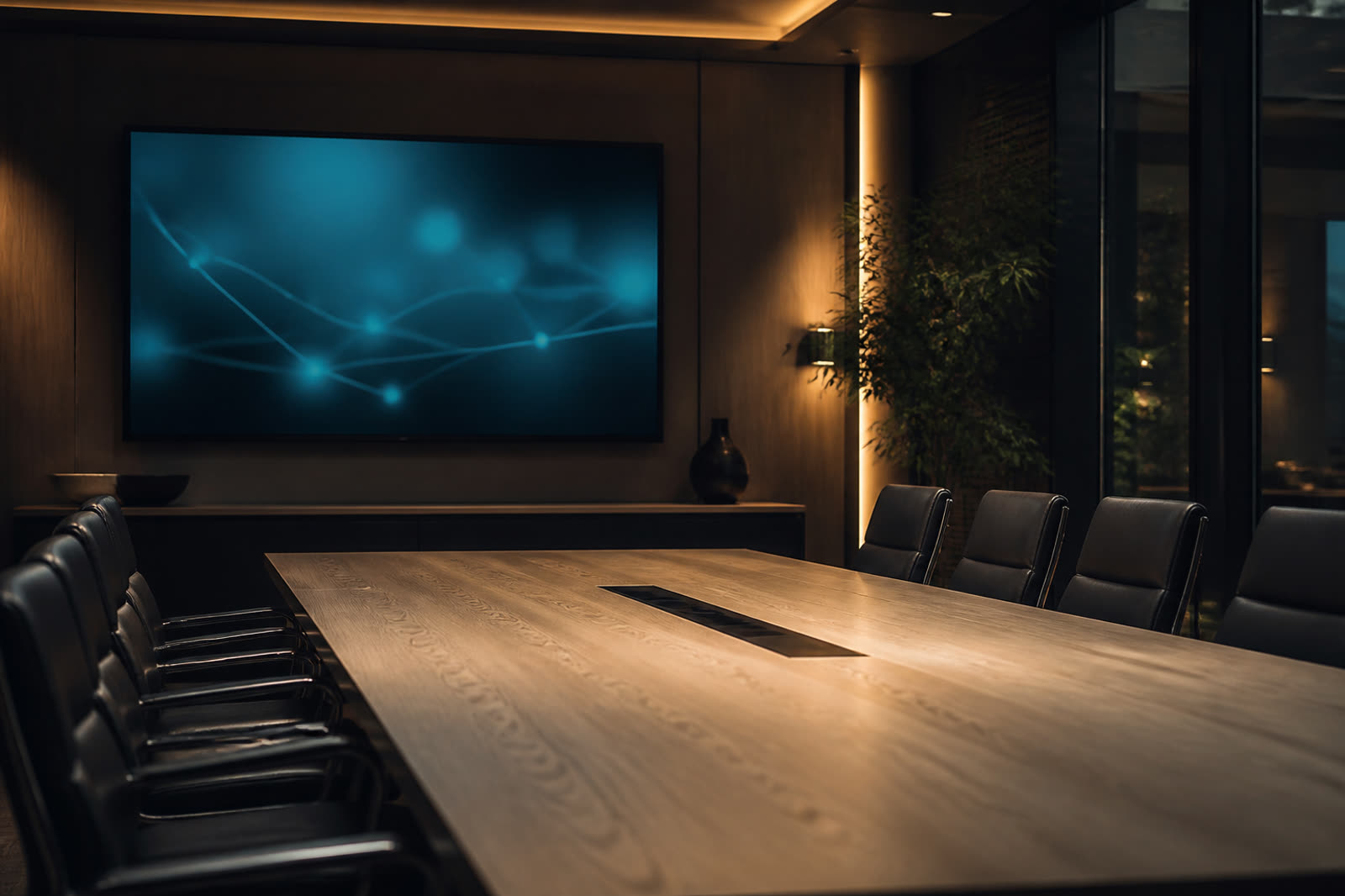 Salle de conférence avec une longue table en bois et un grand écran
