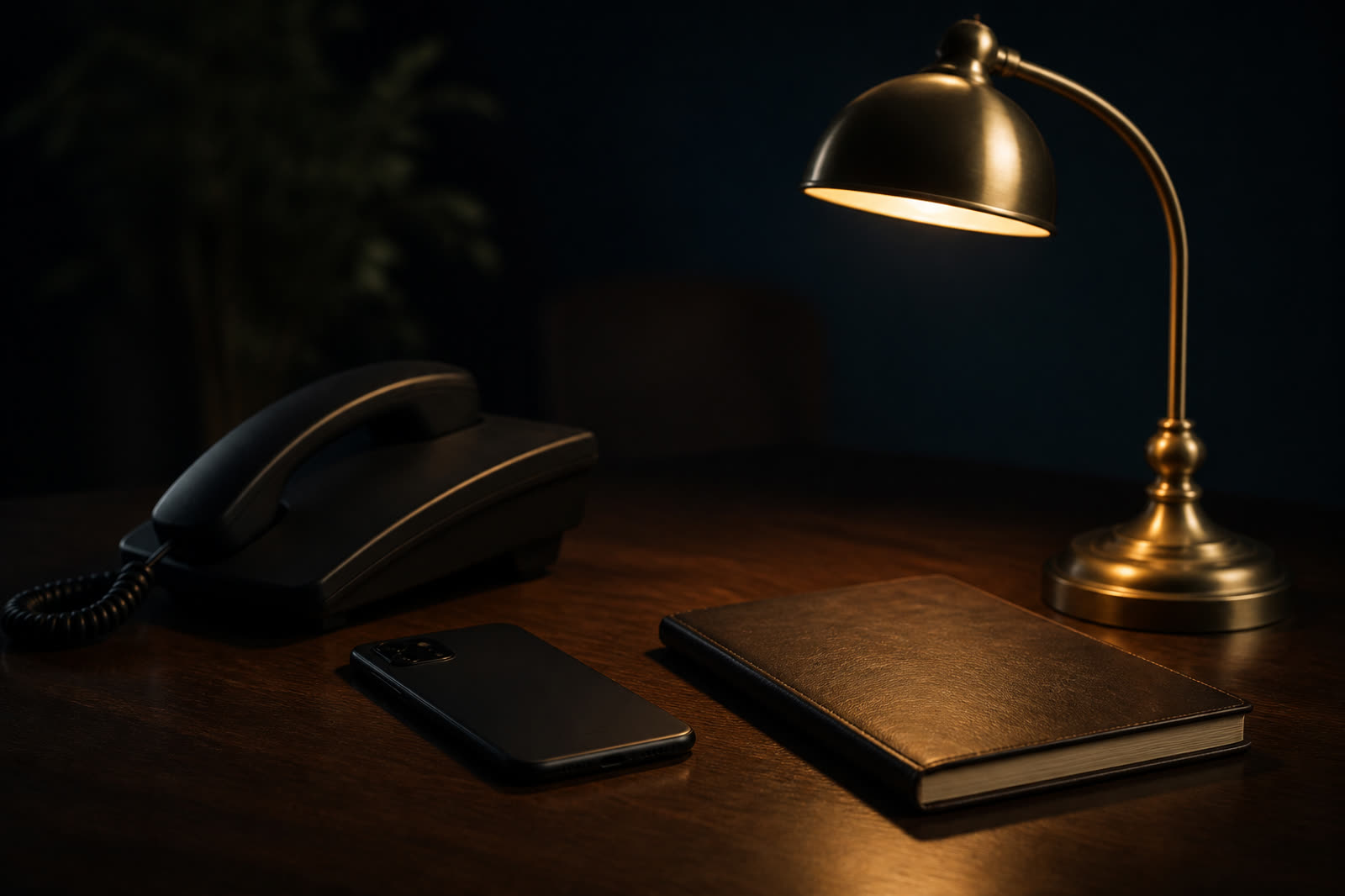 Téléphone de bureau, smartphone et carnet sous une lampe en laiton