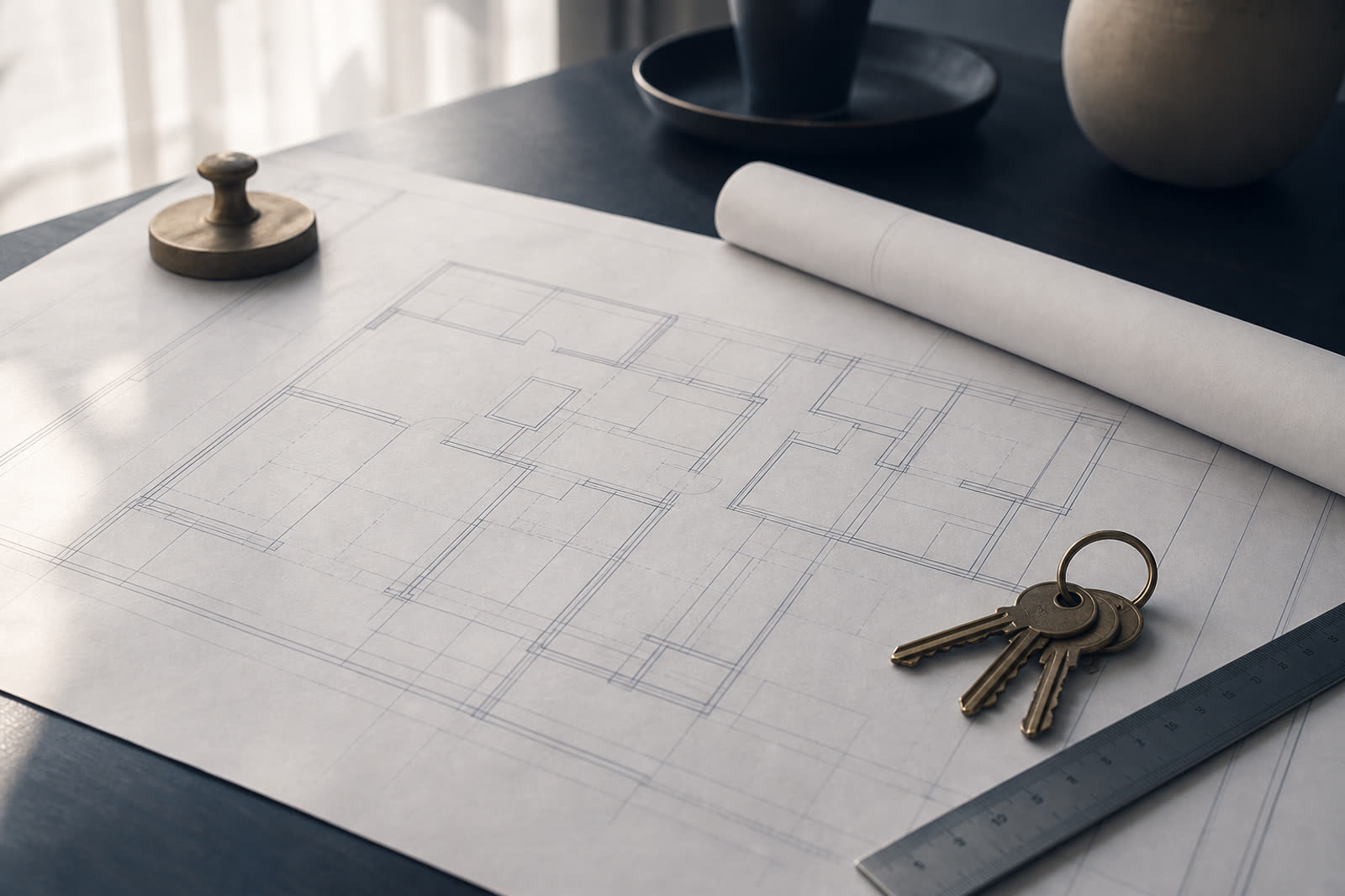 Plan d’une maison avec un trousseau de clés et une règle sur une table